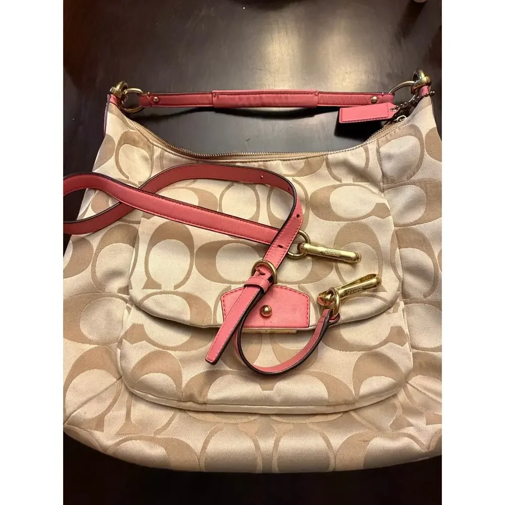 Coach Satchel Signature C Cream and Pink